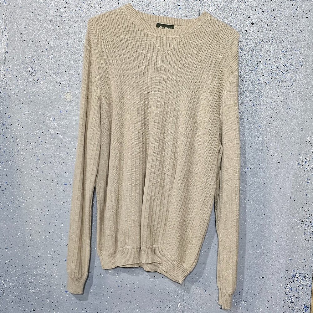 Eddie Bauer Mens Beige Knit 100% Cotton Long Sleeve Crew Neck Sweater Large